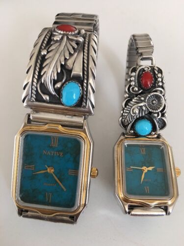 Navajo Sterling Silver Turquoise Coral Watch Set | His & Hers | Authentic Native American Handmade