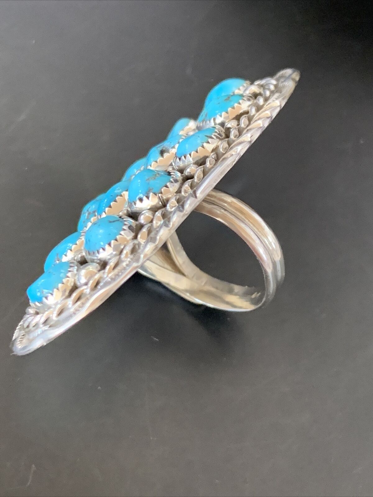 Navajo Blue Kingman Turquoise Cluster Ring | Authentic Native American Sterling Silver | Multi-Stone | Sz 6.5 | 11511