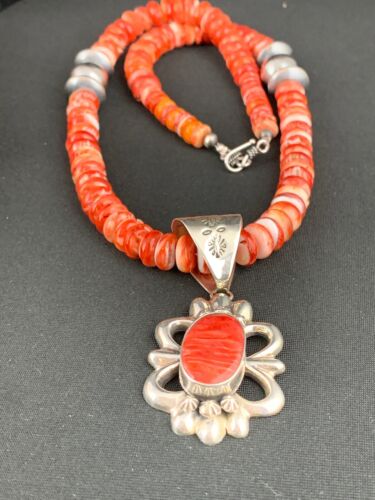 Navajo Red Spiny Oyster Pendant Necklace | Sterling Silver | Authentic Native American Handmade | 4783