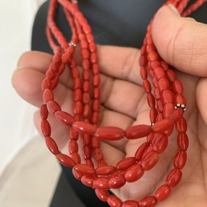 Native American Navajo 5-Strand Red Coral Necklace | Sterling Silver | Authentic Handmade | 01140