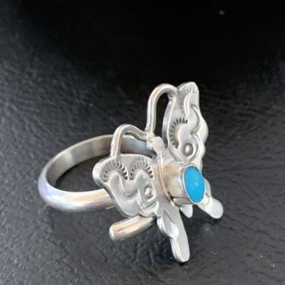 Navajo Blue Turquoise Butterfly Ring | Sterling Silver | Sz Adj 7 | Authentic Native American Handmade | 10677