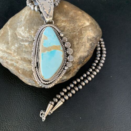 Men's Blue Royston Turquoise Pendant | Sterling Silver | 3" | Authentic Native American Handmade | 13938