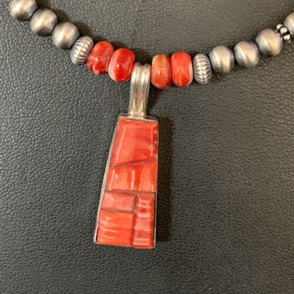 Navajo Pearls Red Spiny Oyster Sterling Necklace | Inlay Pendant | 20" | Native American Jewelry | 13652
