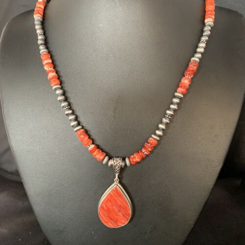 Navajo Red Spiny Oyster Necklace | Sterling Silver Pendant | Men's Women's | Authentic Native American Handmade | 13814