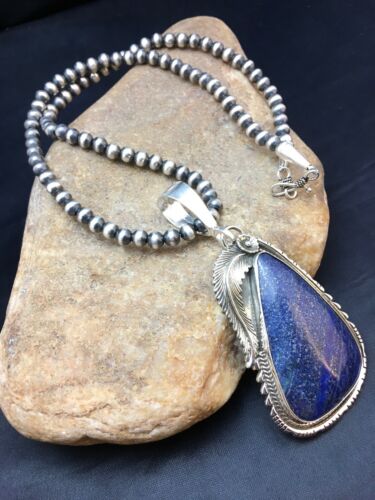 Men's Sterling Silver Navajo Pearls Necklace with Denim Lapis Pendant | Authentic Native American Handmade | 1006