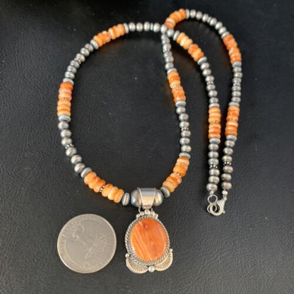 Navajo Orange Spiny Oyster Pendant Necklace | Sterling Silver | Authentic Native American Handmade | N 13650