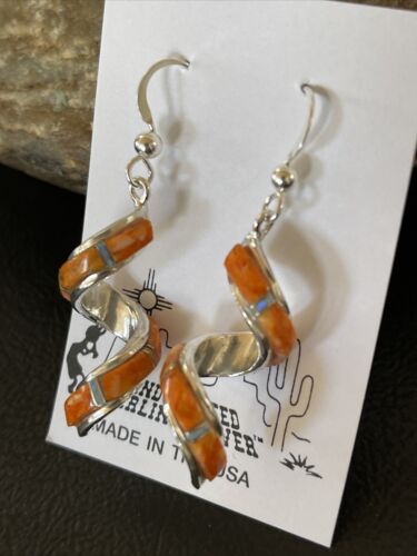 Navajo Snake Swirl Earrings | Orange Spiny Opal Inlay | Sterling Silver | 1.25" | Authentic Native American Handmade | 1549
