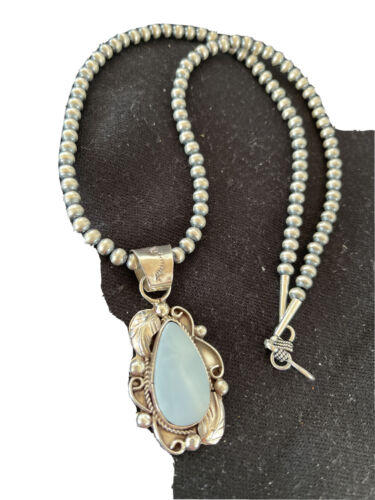 Native American Men's Necklace | Navajo Sterling Silver Beads with Blue Larimar Pendant | 01364