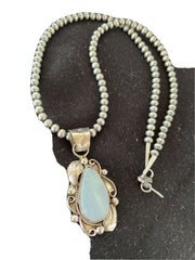 Native American Men's Necklace | Navajo Sterling Silver Beads with Blue Larimar Pendant | 01364