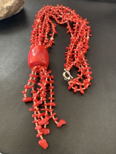 Navajo Red Pink Coral Pendant Necklace | Stainless Steel | 30" | Authentic Native American Handmade | 11711
