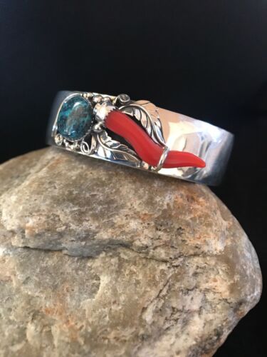 Navajo Spiderweb Turquoise & Coral Bracelet | Sterling Silver | Authentic Native American Handmade | 8366