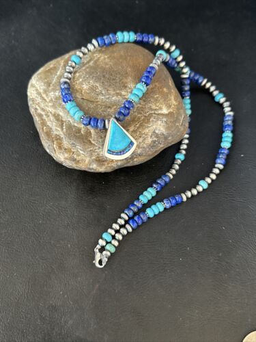 Navajo Blue Turquoise Lapis Inlay Pendant Necklace | Sterling Silver | Authentic Native American Handmade | 14636