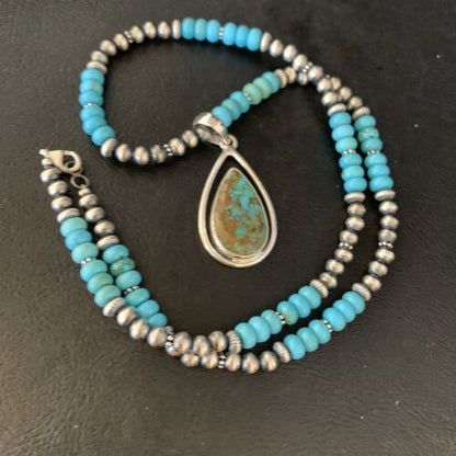 Navajo Blue Turquoise Pendant Necklace | Sterling Silver | Authentic Native American Handmade | 13869