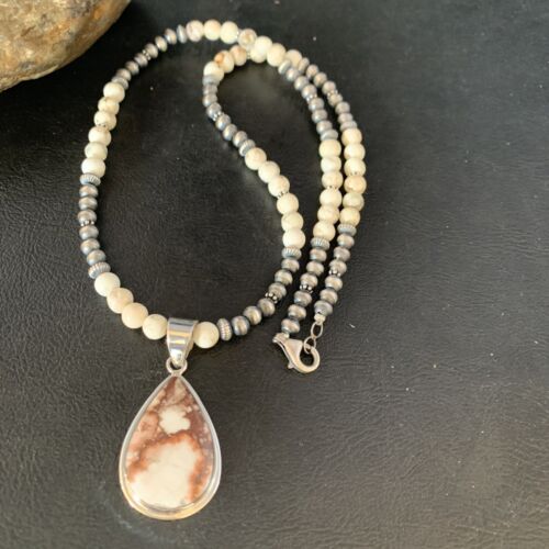 Navajo Pearls Necklace with Wild Horse Turquoise Pendant | Sterling Silver | Authentic Native American Handmade | 13902