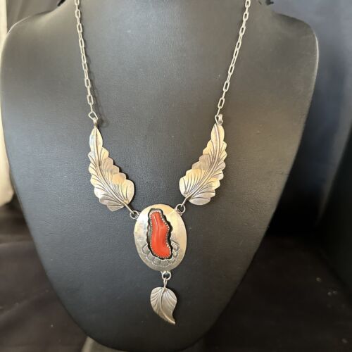 Navajo Red Coral Pendant Necklace | Sterling Silver | Authentic Native American Handmade | 18" | 14481