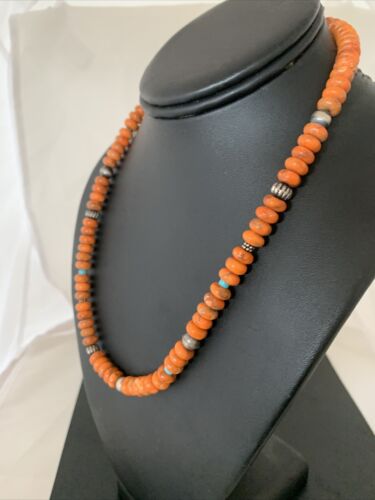 Southwestern Navajo Apple Coral Bead Necklace | Sponge Sterling Silver | Authentic Native American Handmade | 20" | 02043