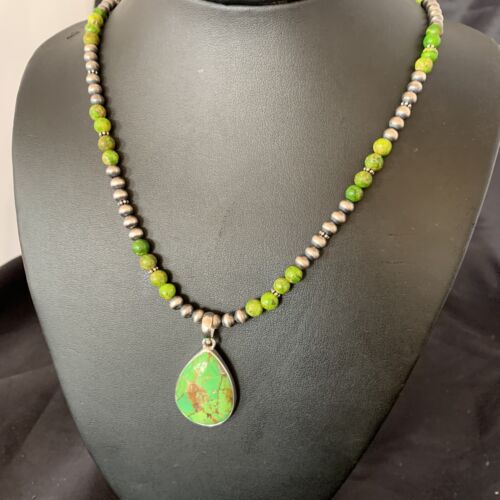 Women's Navajo Pearl Necklace with Green Mojave Turquoise Pendant | Sterling Silver | Native American Handmade | 11758