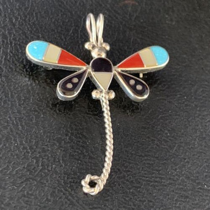 Zuni Turquoise Mother of Pearl Inlay Dragonfly Necklace Pin Pendant | Sterling Silver | 12321