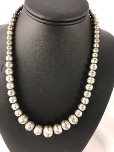 Navajo Pearls Necklace | Hand Stamped Graduated Beads | Sterling Silver | 93321