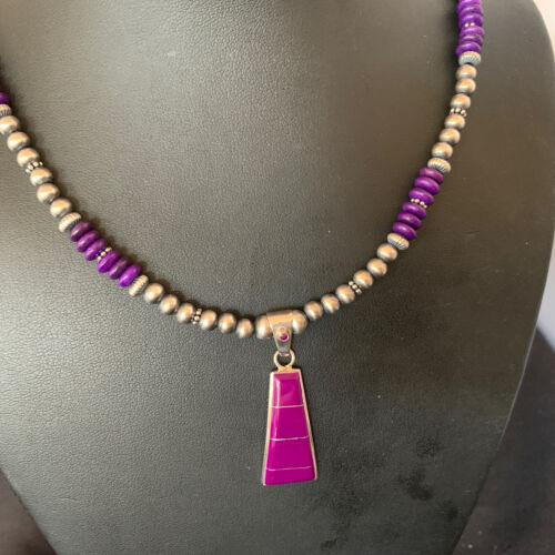 Navajo Pearl Necklace Purple Sugilite Inlay Pendant | Sterling Silver | Authentic Native American Handmade | 12619