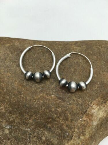 Navajo Sterling Silver Hoop Earrings | Authentic Native American Pearls | Handmade | 3108