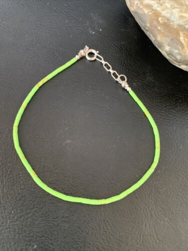 Navajo Green Gaspeite Heishi Tube Beads Bracelet | Sterling Silver | 8" | Authentic Native American Handmade | 13210