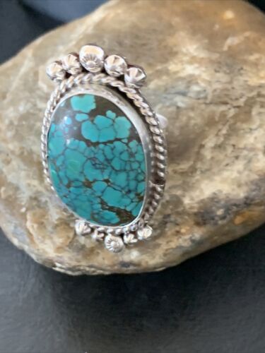 Navajo Blue Spiderweb Turquoise Ring | Sterling Silver | Sz 8 | Authentic Native American Handmade | 13384