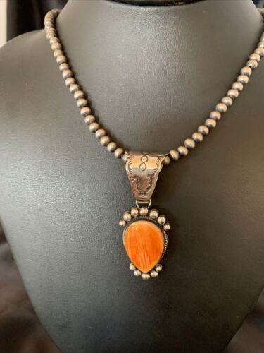 Navajo Orange Spiny Oyster Pendant Necklace | Sterling Silver | Authentic Native American Handmade | 13076