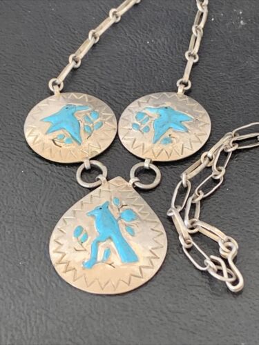 Vintage Zuni Blue Turquoise Necklace Pendant | Sterling Silver | Old Pawn | Native American Handmade | 19" | 1715