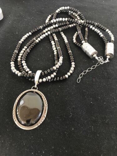 Navajo Pearls Black Onyx Pendant Necklace | Sterling Silver | 3 Strand| 23" | 8143