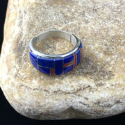 Navajo Multi-Stone Lapis Coral Inlay Ring | Sterling Silver | Sz 9.75 | Authentic Native American Handmade | 10102