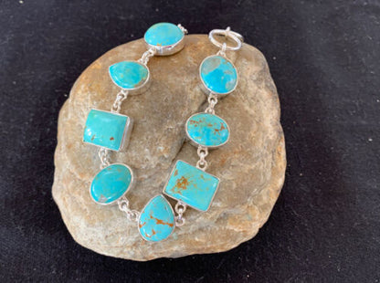 Native American Navajo Blue Turquoise Link Bracelet | Sterling Silver | 9" | 00666