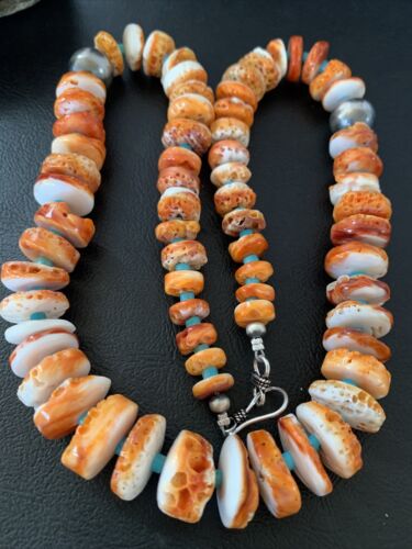 Navajo Orange Spiny Oyster & Turquoise Necklace | Sterling Silver | Authentic Native American | Graduated | 20" | 1504