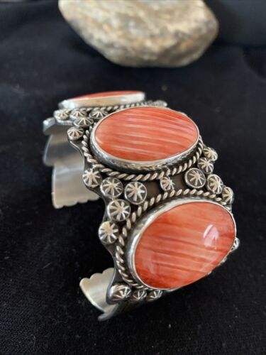 Navajo Red Spiny Oyster Cuff Bracelet | Sterling Silver | Authentic Native American Handmade | 01107