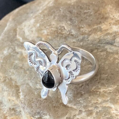 Southwestern Navajo Black Onyx Butterfly Ring | Sterling Silver | Adj Sz 8 | 10385