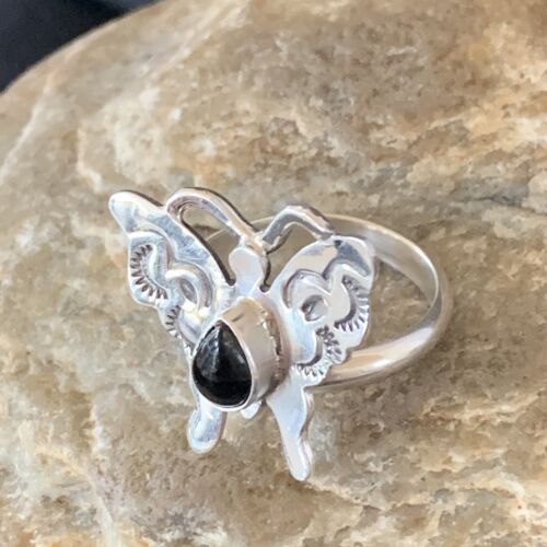 Southwestern Navajo Black Onyx Butterfly Ring | Sterling Silver | Adj Sz 8 | 10385