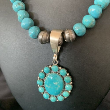 Navajo Blue Turquoise Cluster Pendant Necklace | Sterling Silver | Authentic Native American Handmade | 11884