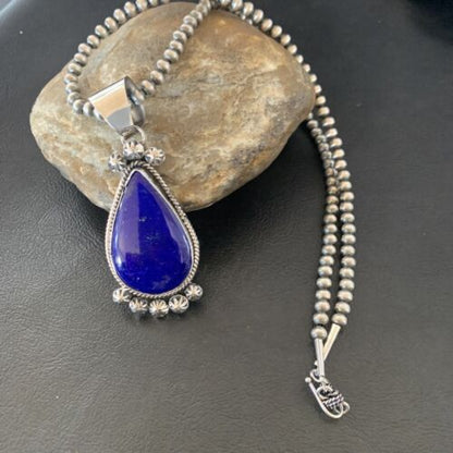Native American Navajo Blue Lapis Pendant Necklace | Sterling Silver | Authentic Handmade | 11676 - Masha USA