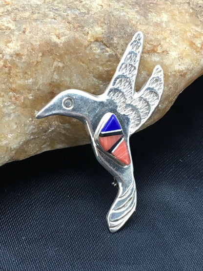 Navajo Spiny Oyster Lapis Hummingbird Pin | Sterling Silver | Authentic Native American Handmade | 2902