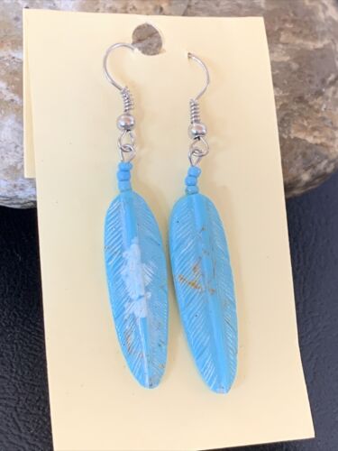 Navajo Turquoise Feather Slab Earrings | Sterling Silver Dangle | Authentic Native American Handmade | 12008