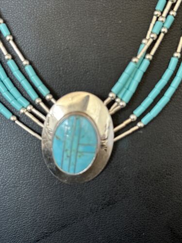 Liquid Silver Heishi 5-Strand Pendant Necklace | Sterling Silver | Turquoise | Navajo | 14820