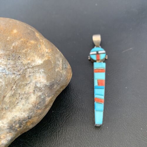 Navajo Blue Turquoise Spiny Inlay Pendant | Sterling Silver | Authentic Native American Handmade | 10881