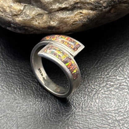 Navajo Sterling Silver Red Opal Inlay Ring | Sz 12.5 | Authentic Native American Handmade | 14583 - Masha USA