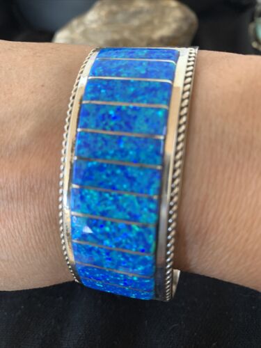 Zuni Blue Faux Opal Inlay Cuff Bracelet | Sterling Silver | Authentic Native American Handmade | 01024