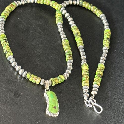 Navajo Green Turquoise Pendant Necklace | Sterling Silver | 22" | Authentic Native American Handmade | 14614 - Masha USA