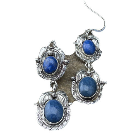 Southwestern Navajo Denim Lapis Dangle Earrings | Sterling Silver | 2" | 01798
