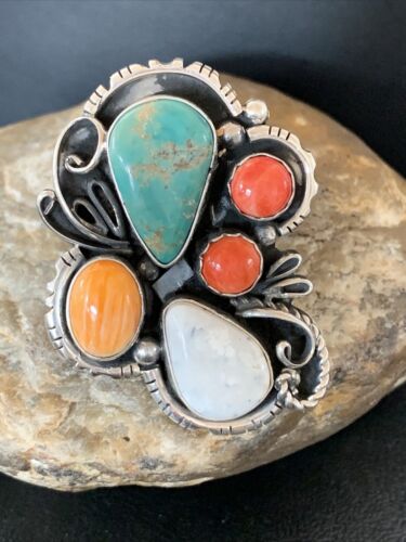 Navajo Blue Kingman Turquoise and Spiny Oyster Ring | Authentic Native American Sterling Silver | Multi-Stone | Sz 12.5 | 02163