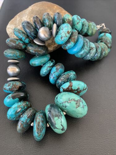 Navajo Pearls Sterling Silver Graduated Blue Chunky Turquoise Necklace | Authentic Native American | 22" | 01747
