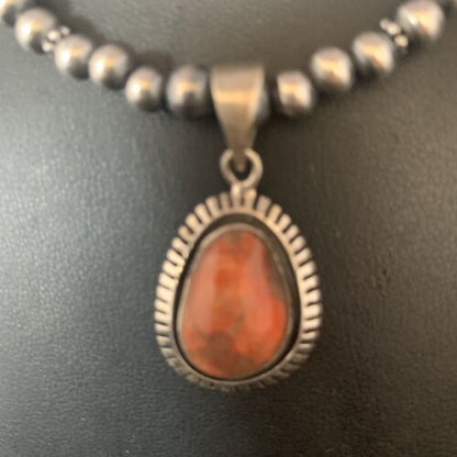 Navajo Red Apple Coral Pendant Necklace | Sterling Silver Beads | Authentic Native American Handmade | 13438
