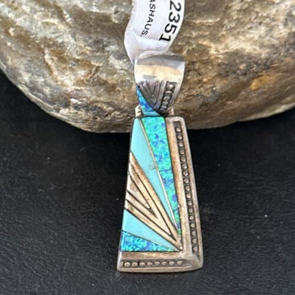 Navajo Sterling Silver Blue Opal Inlay Pendant | Authentic Native American Jewelry | 12351